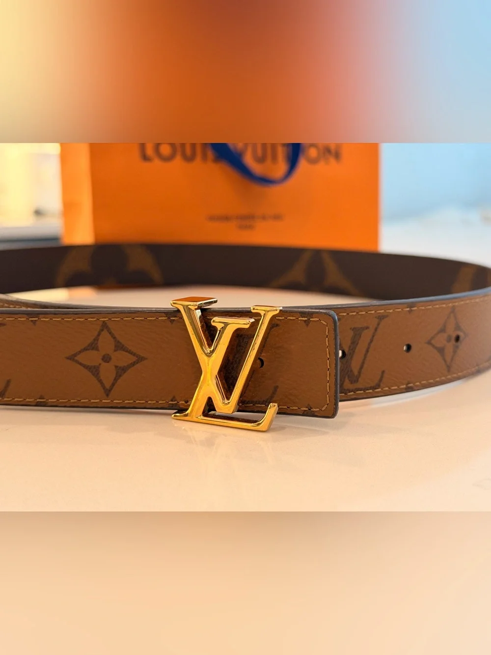 Louis Vuitton Brown Monogram Leather Belt with Gold LV Buckle